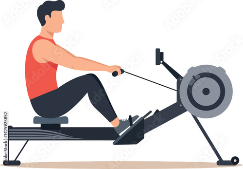 Man Exercising on Rowing Machine in Red Shirt and Black Pants Vector Illustration 