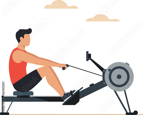 Man Exercising on Rowing Machine Indoor Fitness Equipment Vector Illustration 