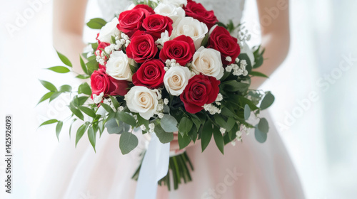 beautiful bouquet of red and white roses, elegantly arranged with greenery, held by person in soft pink dress. This stunning floral arrangement symbolizes love and celebration