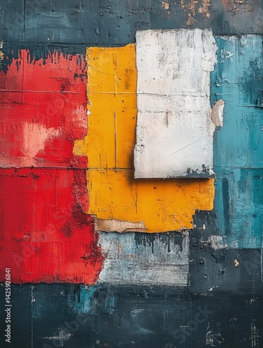 Abstract colorful rectangles on textured surface red yellow white and blue paint.