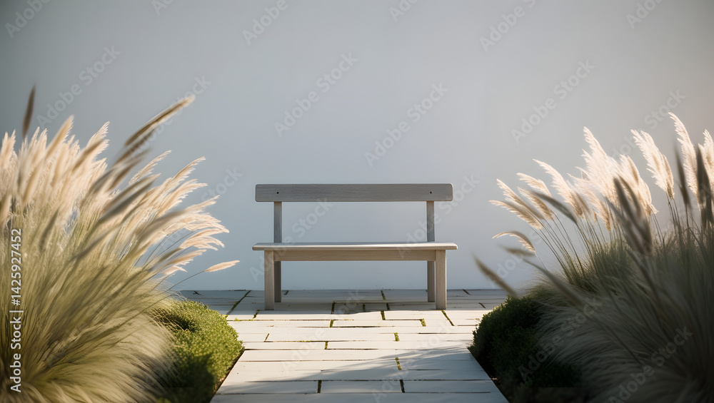 a high-contrast, cinematic photograph of a serene and minimalist garden scene, illuminated by soft, warm natural light, featuring a simple, weathered wooden bench situated on a paved stone path