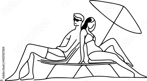 vector one line drawing of man and woman sunbathing on sun lounger .Generative AI