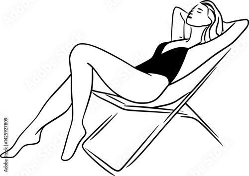 vector one line drawing woman in swimsuit sunbathing on sun lounger .Generative AI
