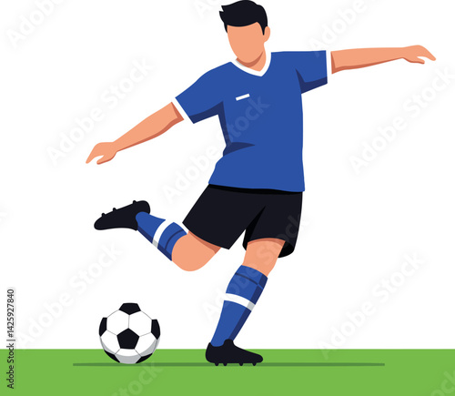 Male soccer player kicking ball in blue jersey on green field vector illustration 