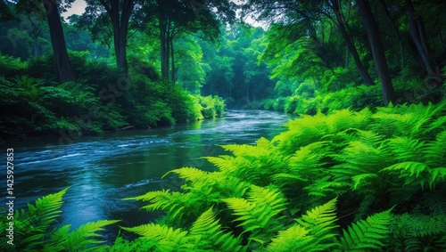 Serene river landscape with gentle flow amid lush vegetation and towering trees