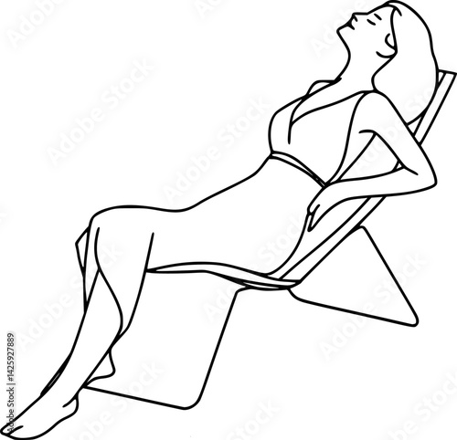 vector one line drawing woman in swimsuit sunbathing on sun lounger .Generative AI