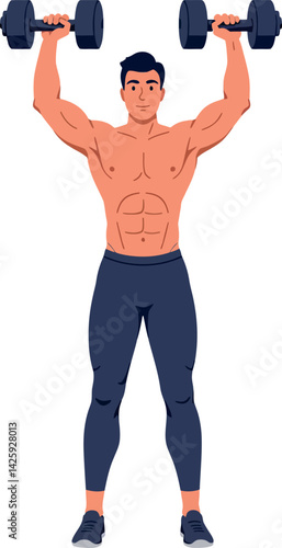 Muscular man lifting dumbbells exercising strength training workout vector illustration 