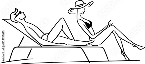vector one line drawing of man and woman sunbathing on sun lounger .Generative AI