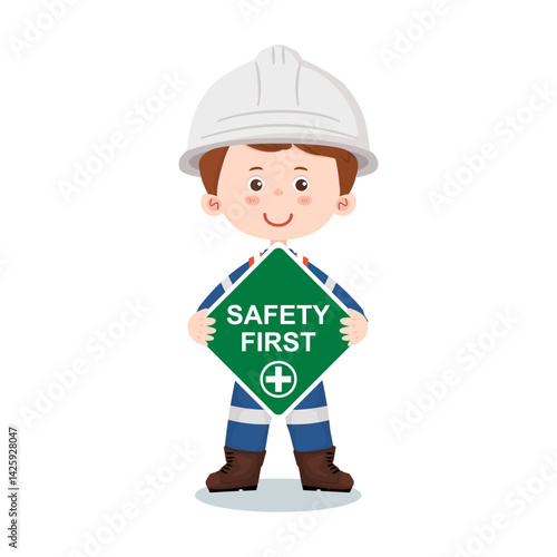 Cute worker cartoon holding a "Safety First" sign promoting workplace safety and awareness. Vector illustration isolated on a white background.