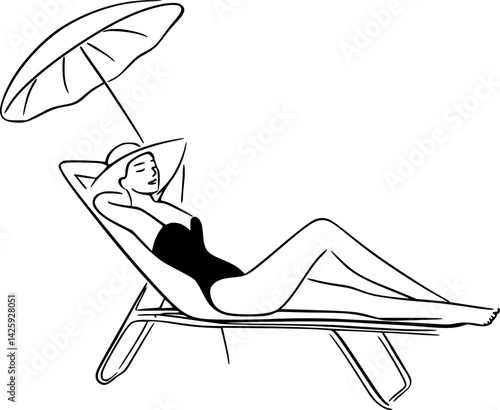 vector one line drawing woman in swimsuit sunbathing on sun lounger .Generative AI
