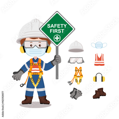 Cartoon worker with full PPE and safety equipment set, promoting industrial safety, awareness, and protective gear use. Vector illustration isolated on a white background.