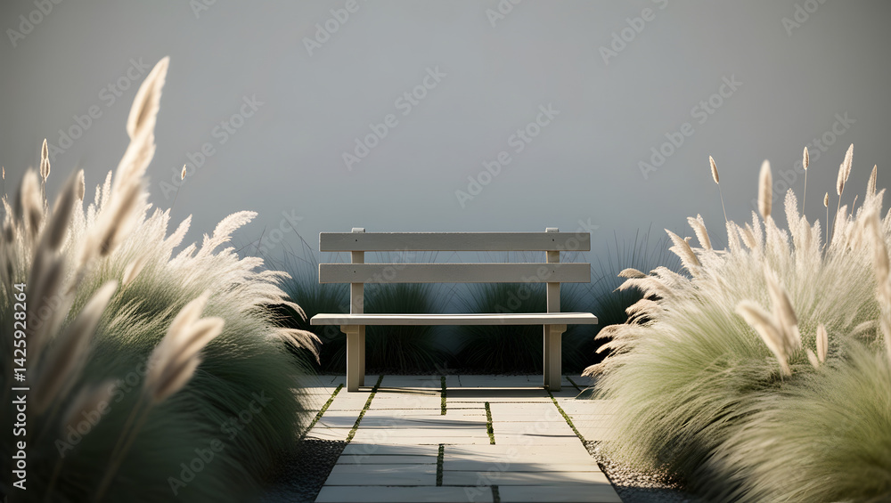 a high-contrast, cinematic photograph of a serene and minimalist garden scene, illuminated by soft, warm natural light, featuring a simple, weathered wooden bench situated on a paved stone path
