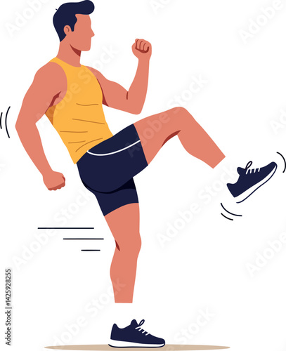 Man Exercising Fitness Workout Stretching Routine in Yellow Tank Top and Black Shorts Vector Illustration 