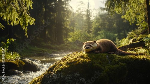Otter relaxing with eyes closed on rock