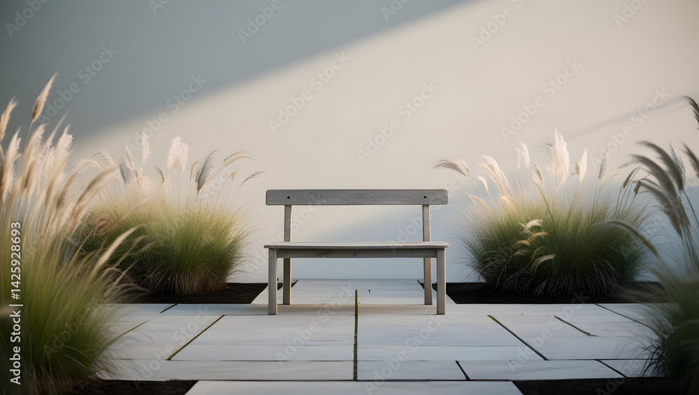 a high-contrast, cinematic photograph of a serene and minimalist garden scene, illuminated by soft, warm natural light, featuring a simple, weathered wooden bench situated on a paved stone path