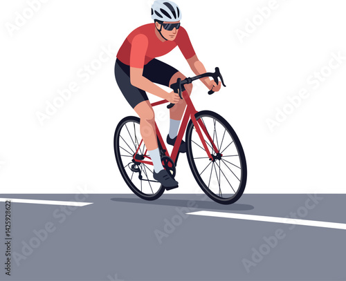 Male cyclist riding red road bike with helmet on urban street vector illustration 