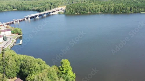 Construction of an automobile bridge across the river. View from above