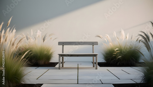Obraz na płótnie a high-contrast, cinematic photograph of a serene and minimalist garden scene, illuminated by soft, warm natural light, featuring a simple, weathered wooden bench situated on a paved stone path w salonie