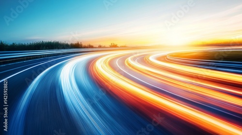 A vibrant light streak speeding through a futuristic grid-like space, creating an illusion of rapid movement and light-speed travel through a digital landscape