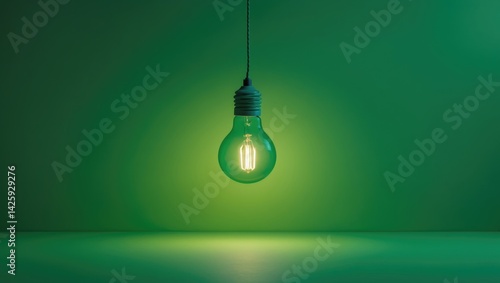 Abstract image of a luminous green bulb in a modern environment
