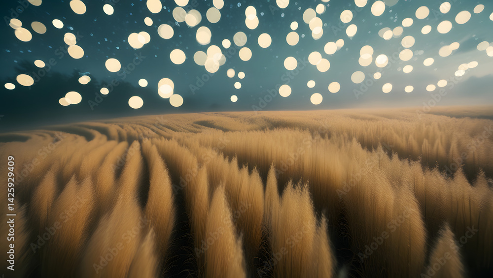 a mesmerizing, high-contrast, cinematic photograph of a vast, undulating golden field of tall ornamental grass, swaying gently in the breeze, illuminated by soft, magical, creamy bokeh lights, resembl