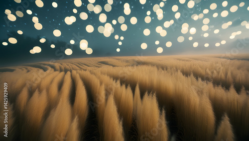 Obraz na płótnie a mesmerizing, high-contrast, cinematic photograph of a vast, undulating golden field of tall ornamental grass, swaying gently in the breeze, illuminated by soft, magical, creamy bokeh lights, resembl w salonie