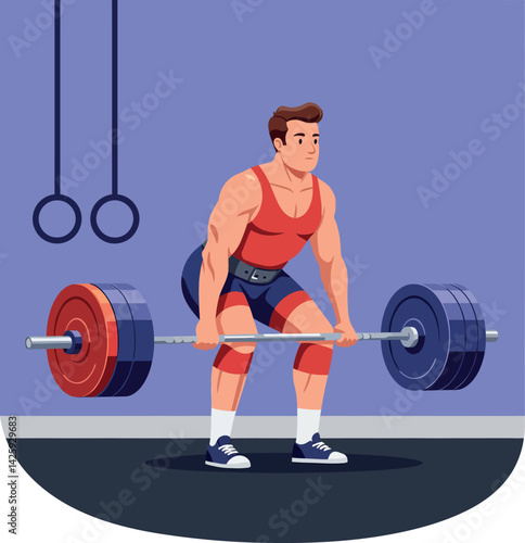 Male weightlifter lifting barbell with gymnastic rings in workout space vector illustration 