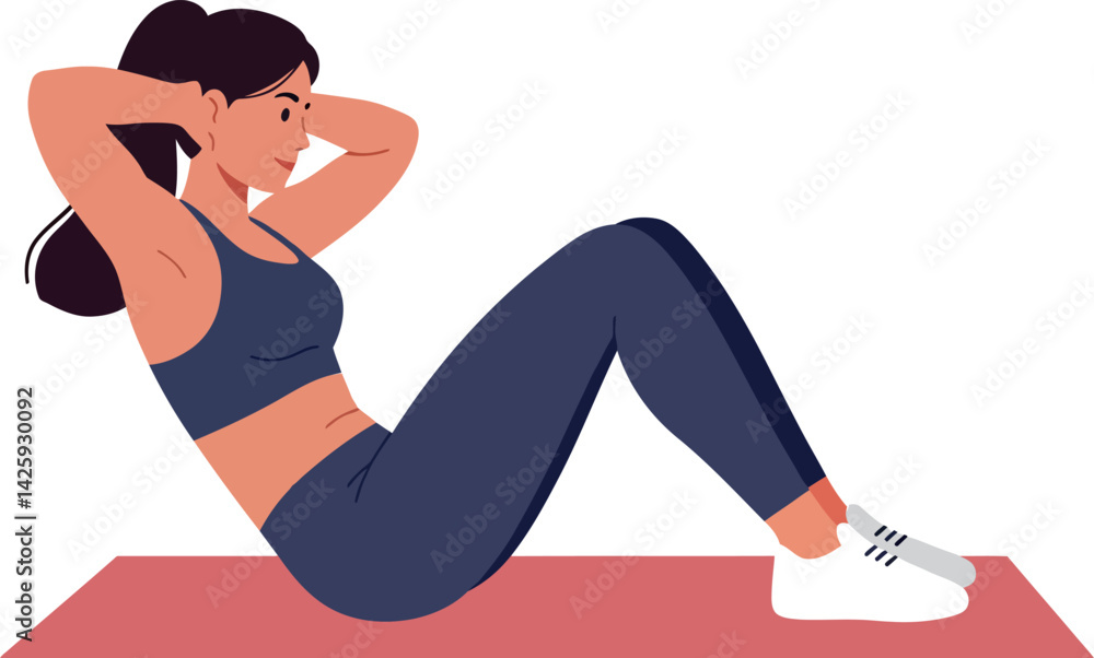 Fototapeta premium Woman doing sit ups exercise on mat in workout clothes vector illustration 