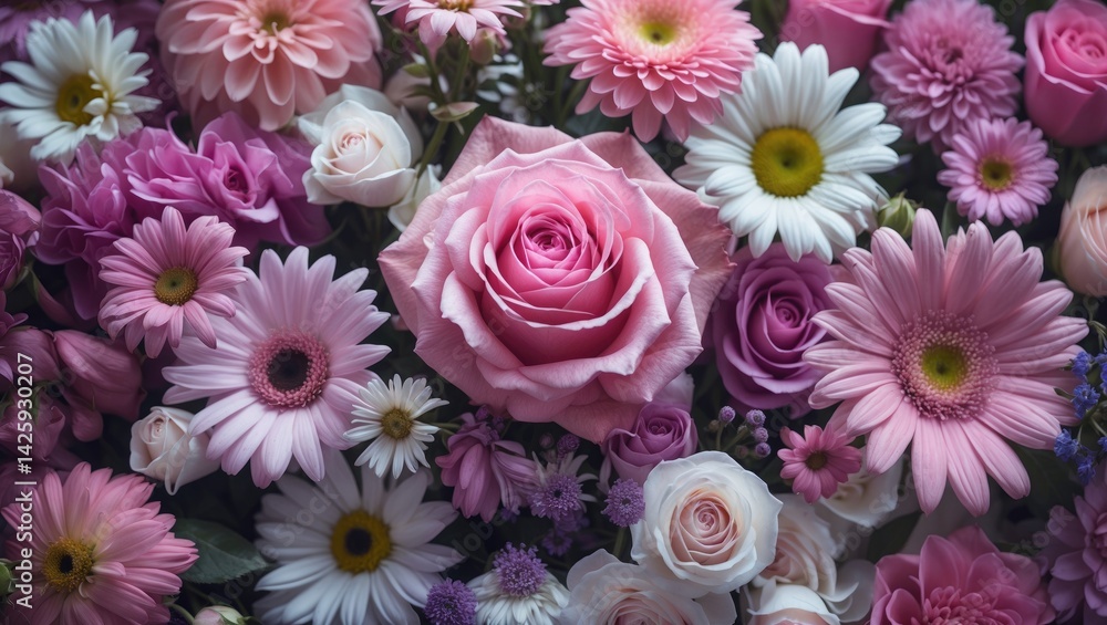 Floral Background Featuring Roses, Daisies, and Chrysanthemums with Delicate Pink Petals Floral Background Featuring Roses, Daisies, and Chrysanthemums with Delicate Pink Petals