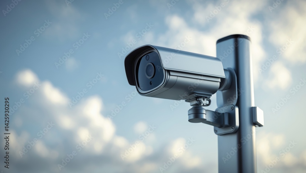 Urban surveillance camera positioned on a pole with a bright sky backdrop Urban surveillance camera positioned on a pole with a bright sky backdrop