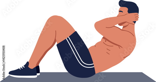 Man exercising doing sit ups on fitness mat with shorts and sneakers vector illustration 