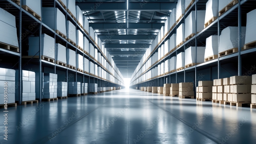 Spacious storage warehouse with a central walkway between the shelves Spacious storage warehouse with a central walkway between the shelves