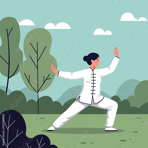 Woman practicing tai chi exercise outdoors in peaceful green nature landscape vector illustration 