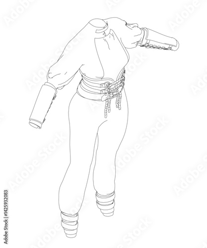 A woman's cloth is drawn in black and white. The outfit is a black and white dress with a black belt.