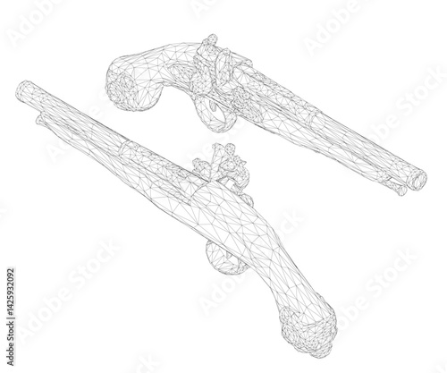 Two old fashioned guns are shown in a black and white drawing. The guns are positioned in a way that they appear to be pointing at each other. Scene is tense and serious