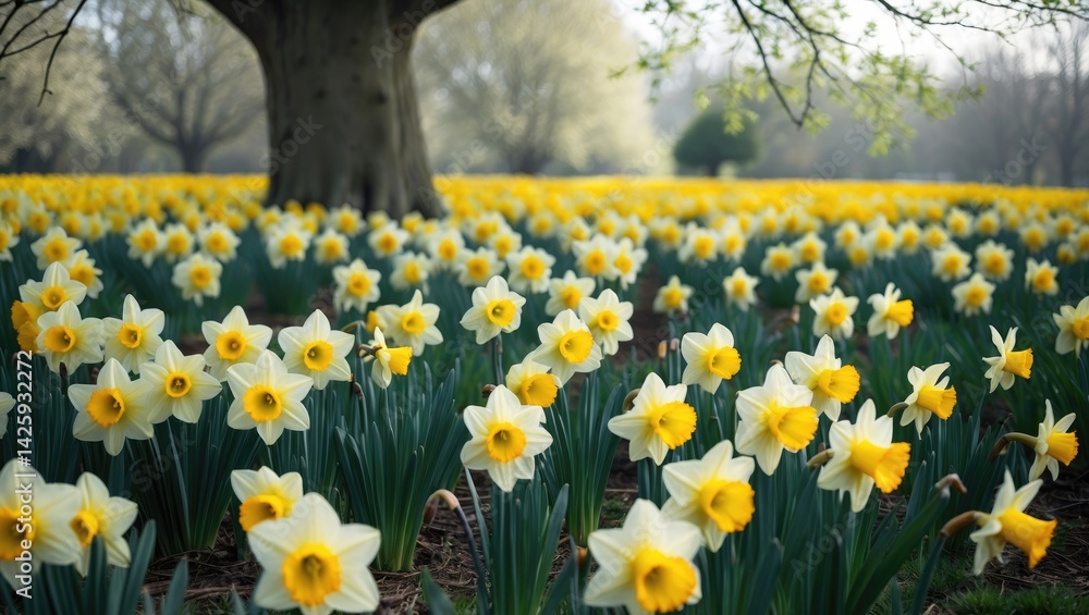 Fototapeta premium Expansive field of daffodils flourishing beneath a tree