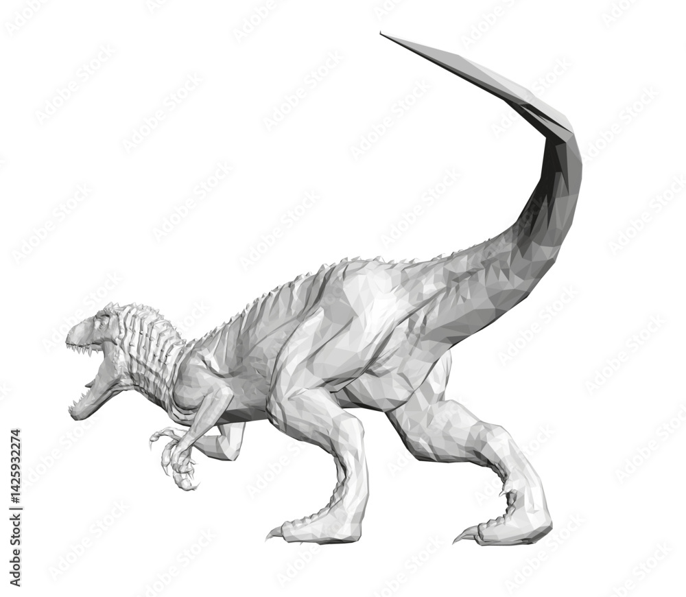 Fototapeta premium A large dinosaur is walking across a white background. The dinosaur has a long tail and is reaching out with its mouth open. Concept of power and strength, as well as a sense of danger and awe