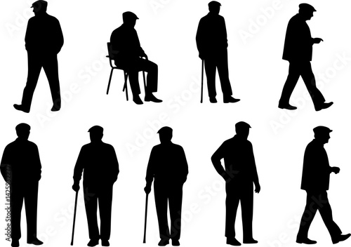 silhouettes of older men in different movements, vector set of elderly men