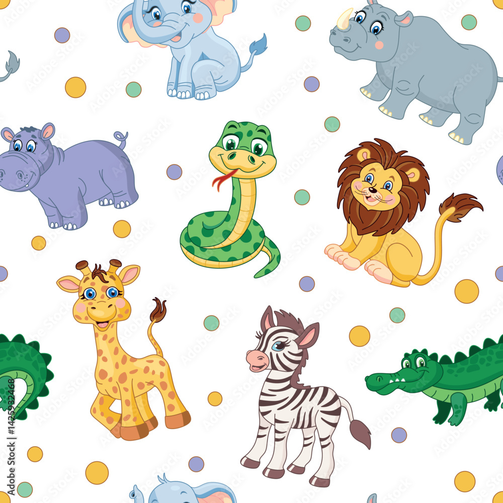 Fototapeta premium Seamless pattern with African animals. Lion, elephant, giraffe, rhinoceros, monkey, snake. Hippopotamus illustration for kids