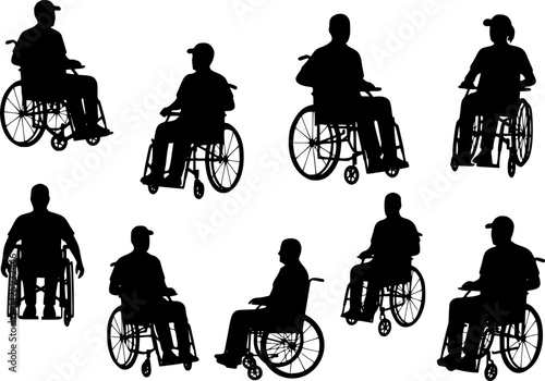 elderly people elderly men elderly women on a wheelchair set. Set of black silhouettes PNG