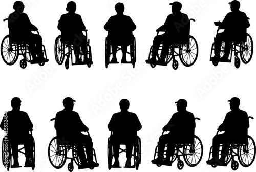 elderly people elderly men elderly women on a wheelchair set. Set of black silhouettes PNG