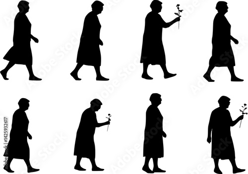 silhouettes of elderly women in different movements, vector set of  elderly women
