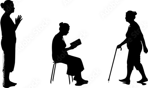 silhouettes of elderly women in different movements, vector set of  elderly women
