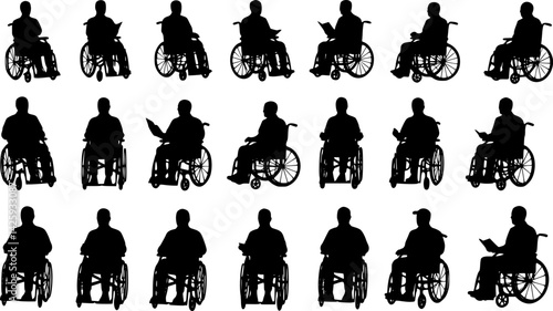 elderly people elderly men elderly women on a wheelchair set. Set of black silhouettes PNG