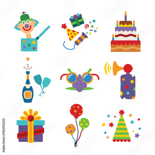 Set of vector colorful celebration icons in flat style
