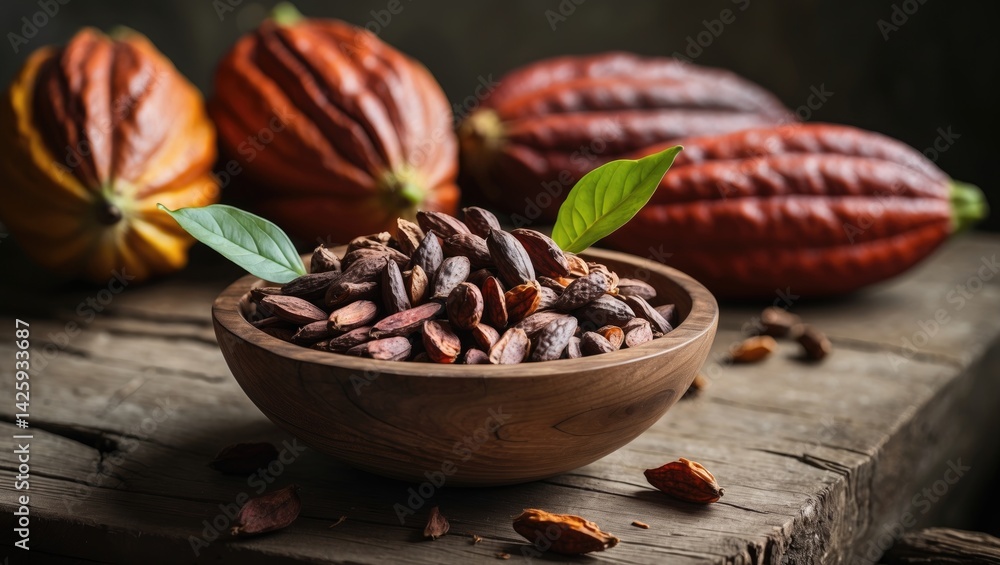 Close-up of a cocoa pod and bowl on a table in a natural setting