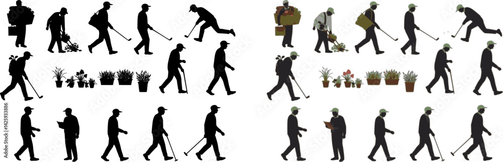 silhouettes of older men in different movements, vector set of elderly men silhouettes of older men in different movements, vector set of elderly men