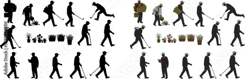 silhouettes of older men in different movements, vector set of elderly men