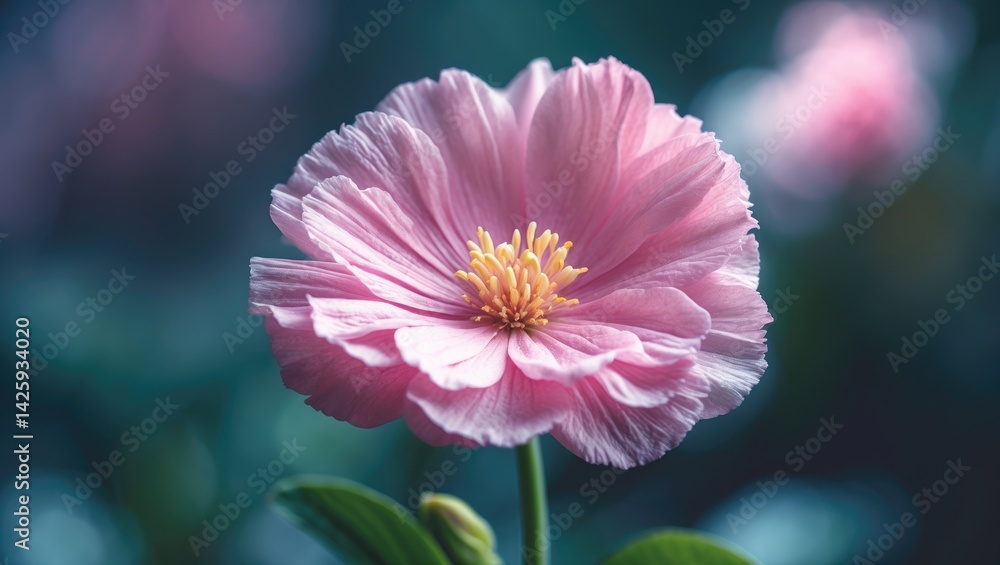 Close-up of a pink flower with pastel petals and a bright center against a blurred garden background Close-up of a pink flower with pastel petals and a bright center against a blurred garden background