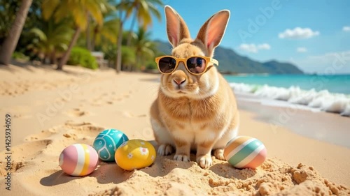 Easter Bunny enjoys a sunny beach vacation with colorful eggs